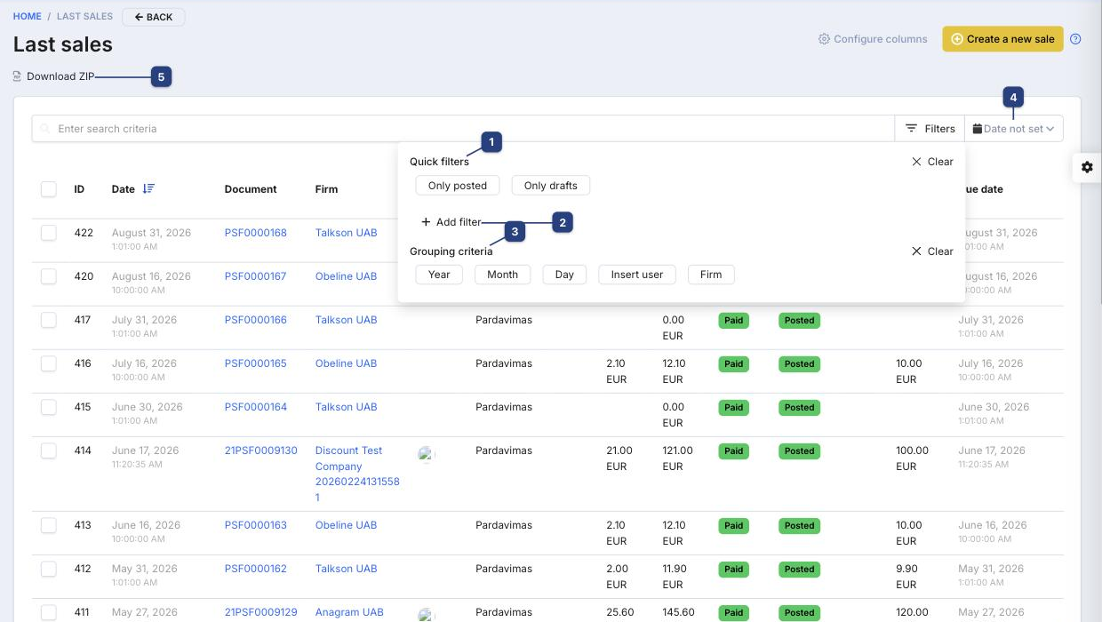 Sales invoices list with the Filters dropdown