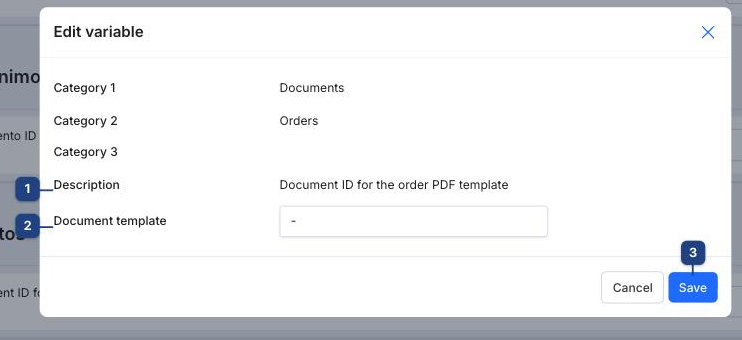 Edit variable dialog for the order PDF template